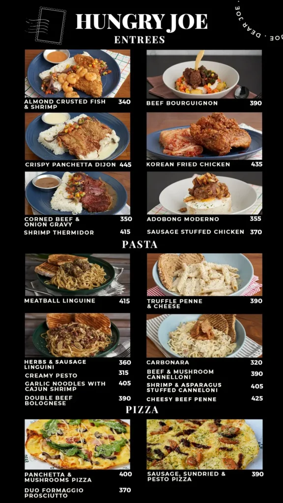 Pasta, meat, rice and furthermore, a menu of Dear Joe Philippines resturant.