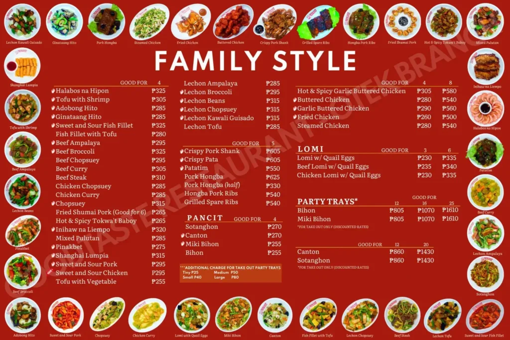 Family style meals with al dishes, a meu of Good taste resturant philippines resturant.