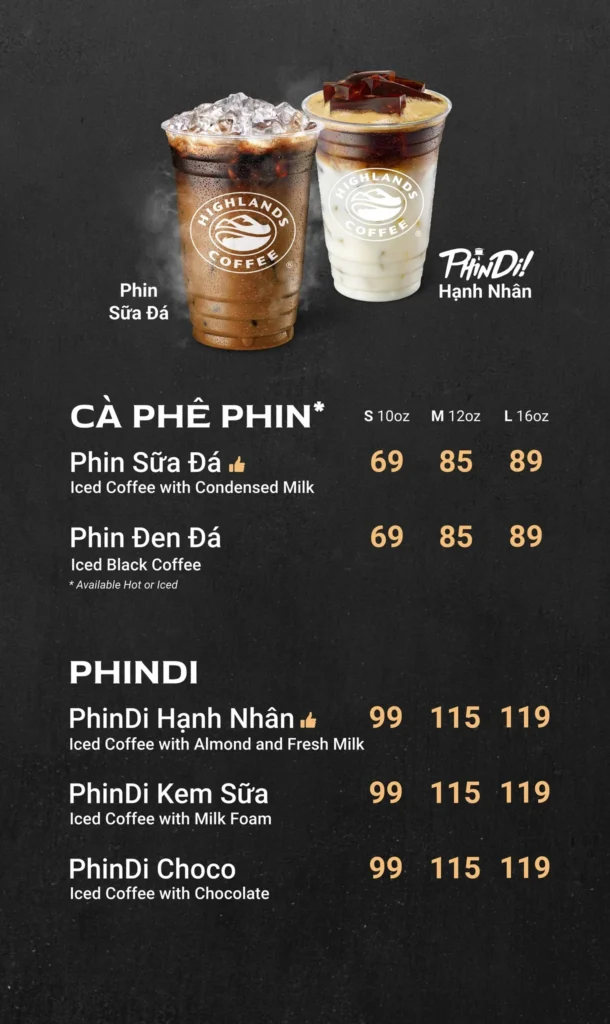 Highlands Coffee Phindi, a menu of Highlands Coffee Philippines resturant.