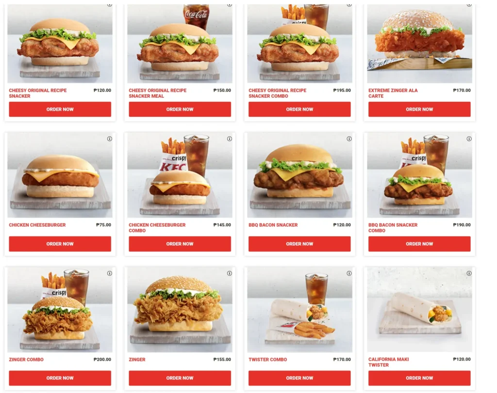 Sandwiches and burgers, a menu of KFC Philippines resturant.