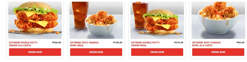 KFC secrets with burger and drinks, a menu of KFC Philippines resturant.