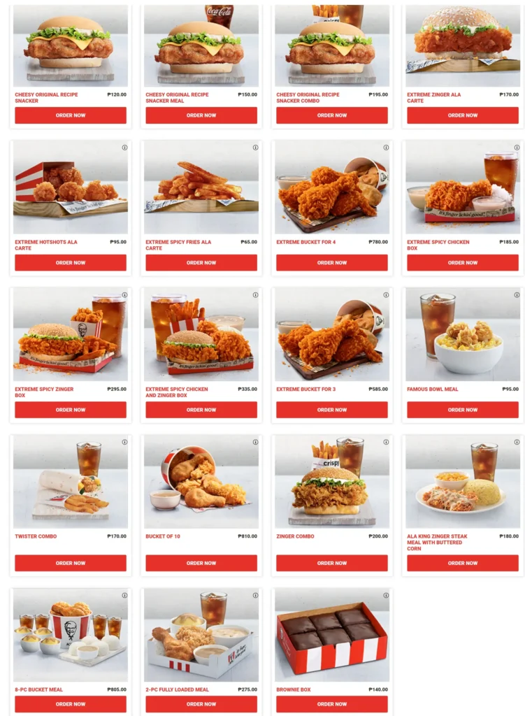 Burgers, Chicken nuggets and furthermore, a menu of KFC Philippines resturant.