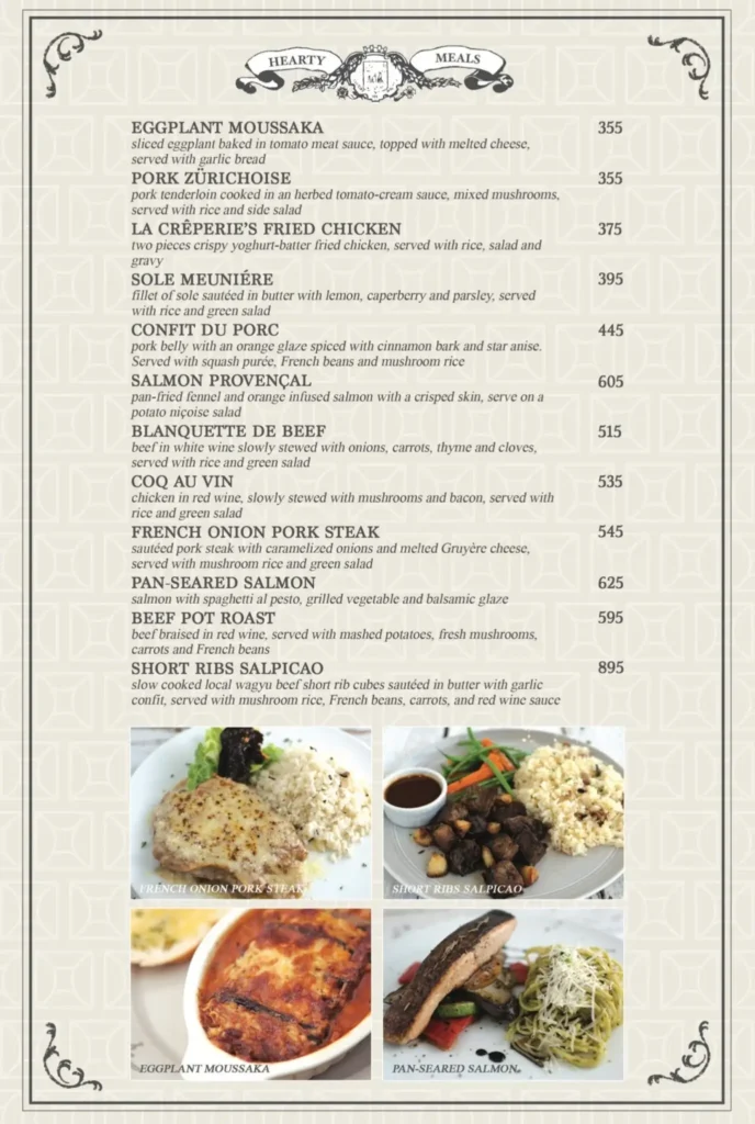 La Creperie Hearty Meals, a menu of La Creperie Philippines resturant.