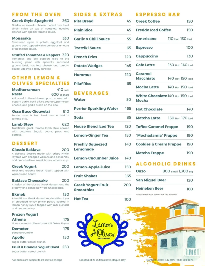 Lemon and Olives Lunch Menu with Prices