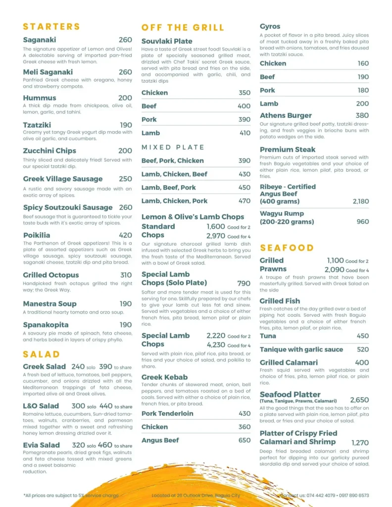 Lemon and Olives Philippines Menu with Prices