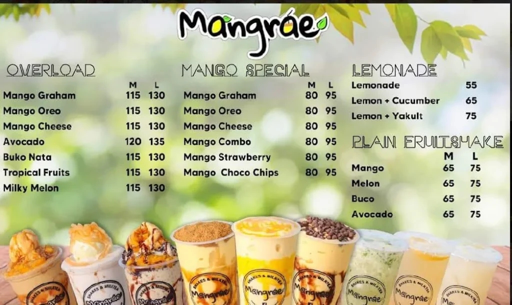 Overload, Mango special, Lemonade and furthermore, a menu of Mangrae Philippines resturant.