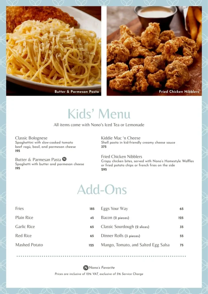 Nono’s Kid’s, a menu of Nono’s Philippines resturant.