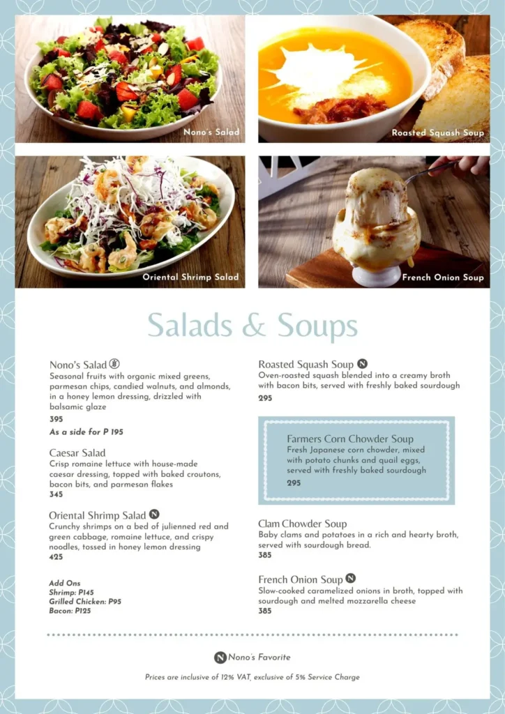 Nono’s Salads & Soups, a menu of Nono’s Philippines resturant.