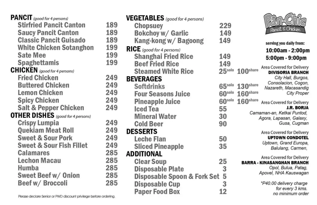 Chicken, Pancit, Rice, Desserts and furthermore, a menu of Panchic Philippines resturant.