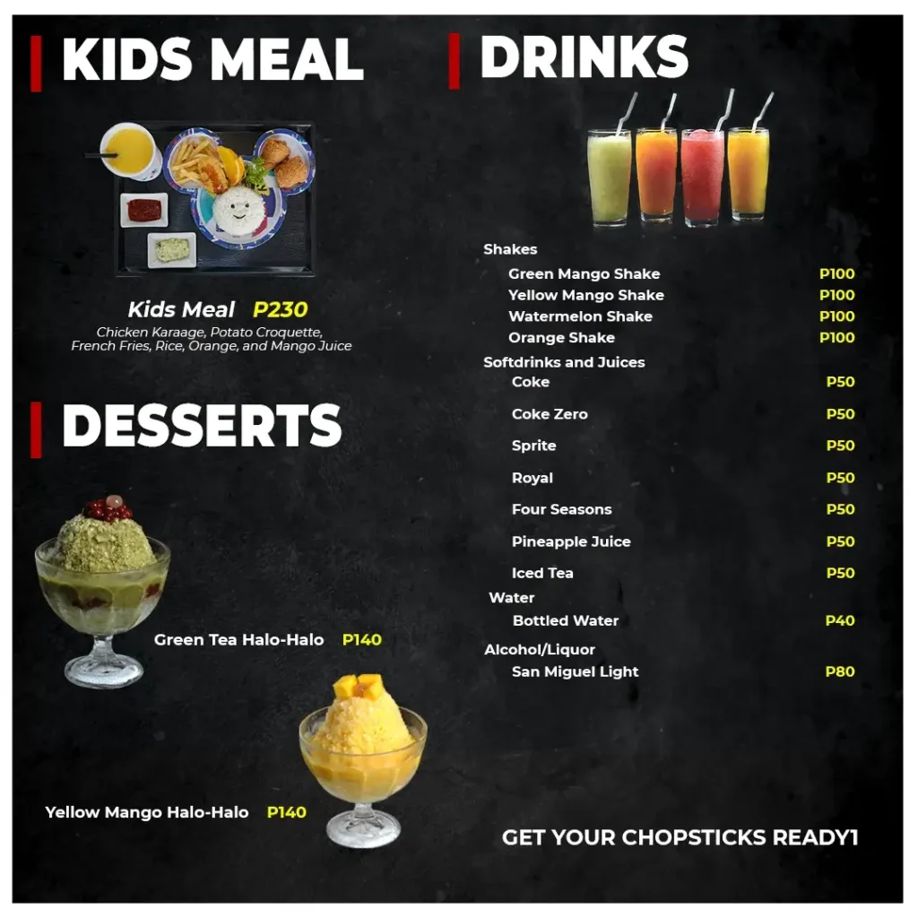 Ramen Kurado Kid’s Meal and desserts, a menu of Ramen Kuroda Resturant philippines.