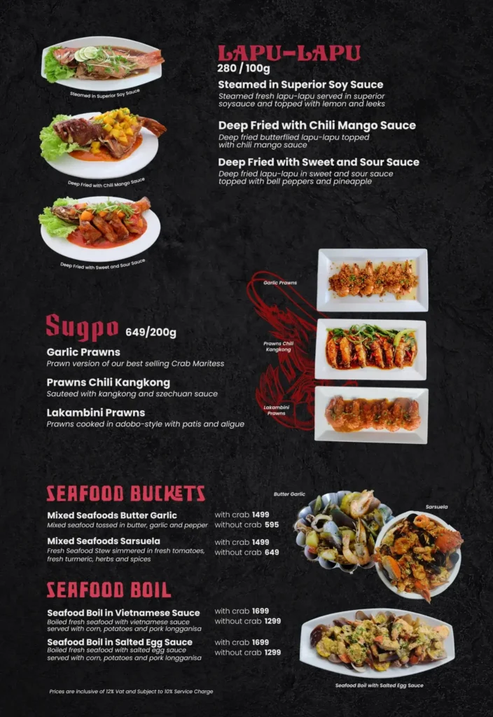 Lapu Lapu, Sugpo, Seafood and furthermore, a menu of Red Crab Philippines resturant.