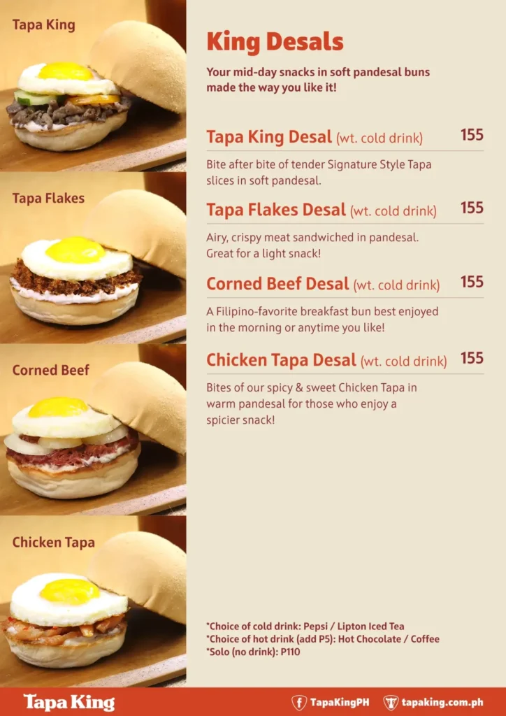 Tapa King king desals Menu with Prices