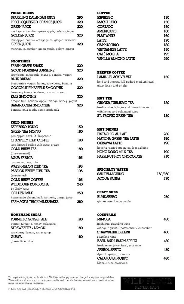 Wildflour Beverages Menu, a menu of Wildflour philippines resturant.