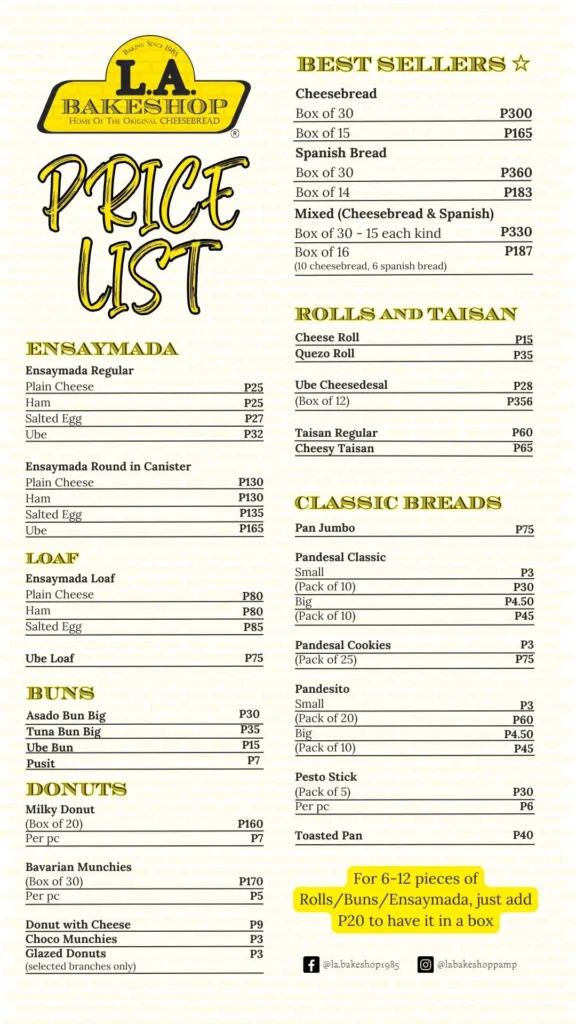 Rolls and Taisan, Loaf, Buns and furthermore, a menu of LA Bakeshop Philippines resturant.