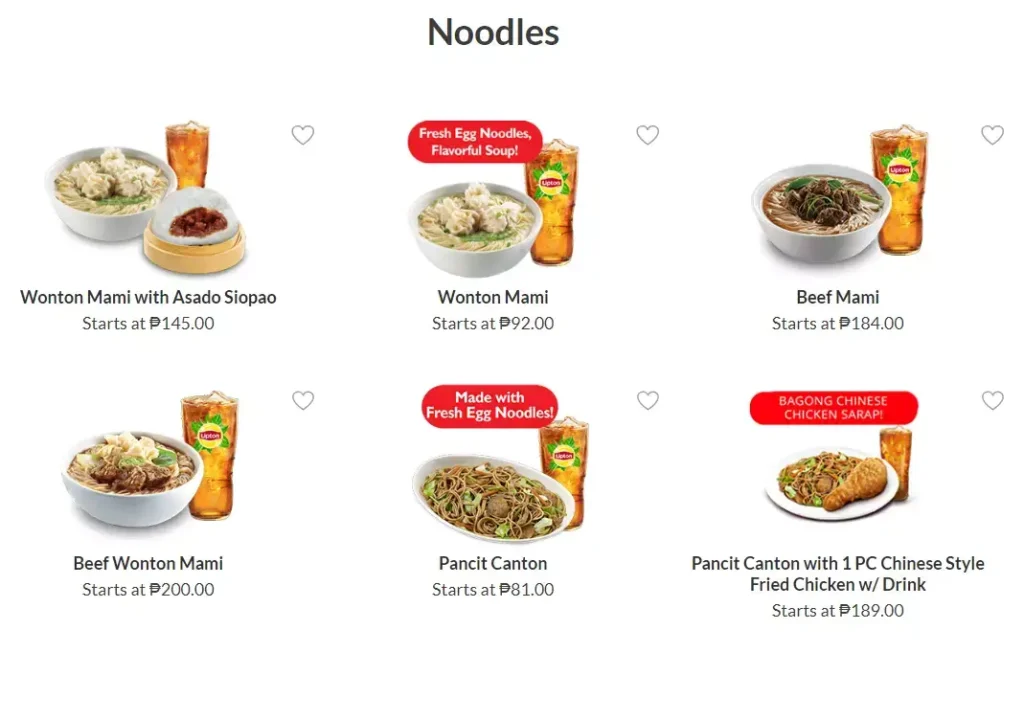 Noodles with Prices, a menu of Chowking Philippines resturant.