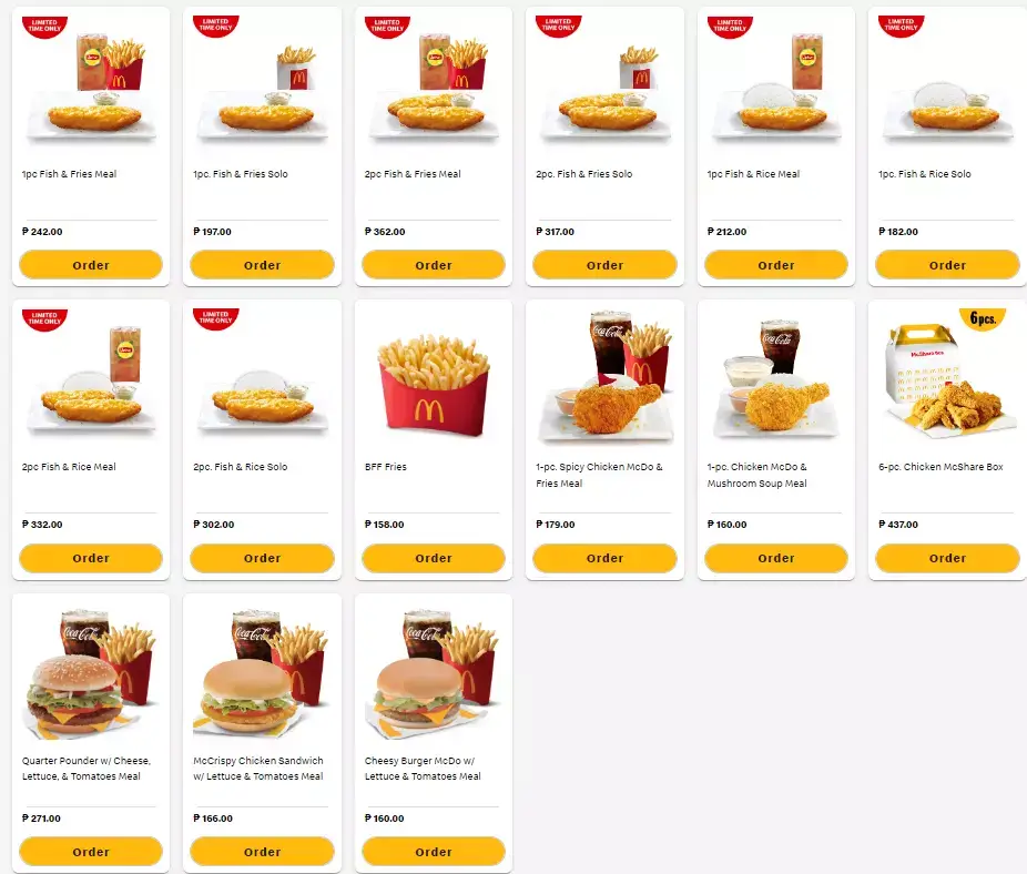 Featured dishes, a menu of Mcdonald’s Philippines resturant.