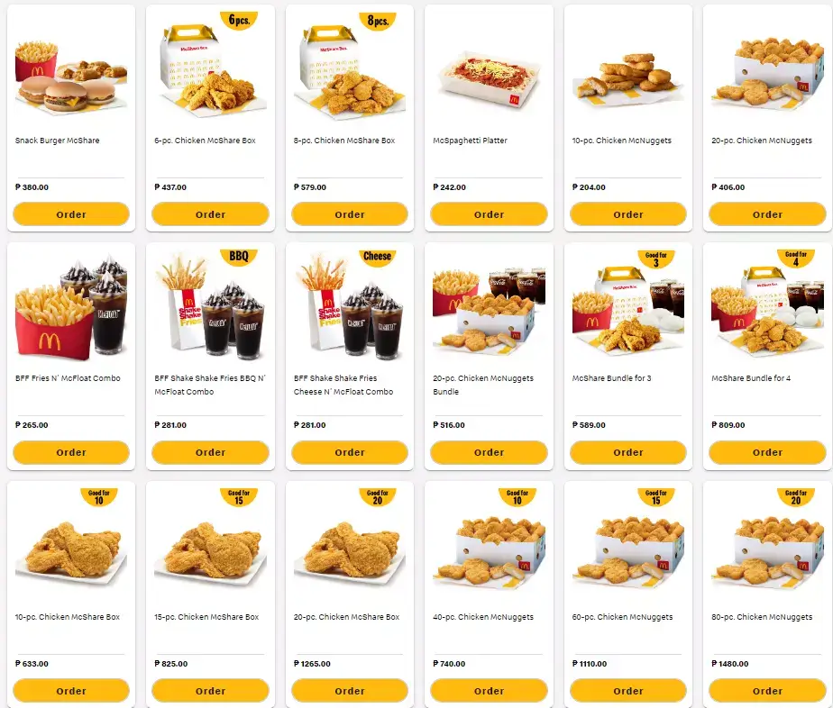 Group Meals, a menu of Mcdonald’s Philippines resturant.