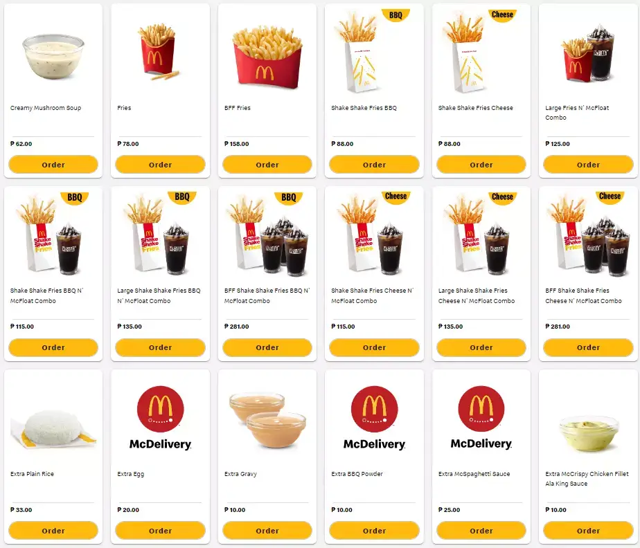 Rice bowls, fries and drinks, a menu of Mcdonald’s Philippines resturant.