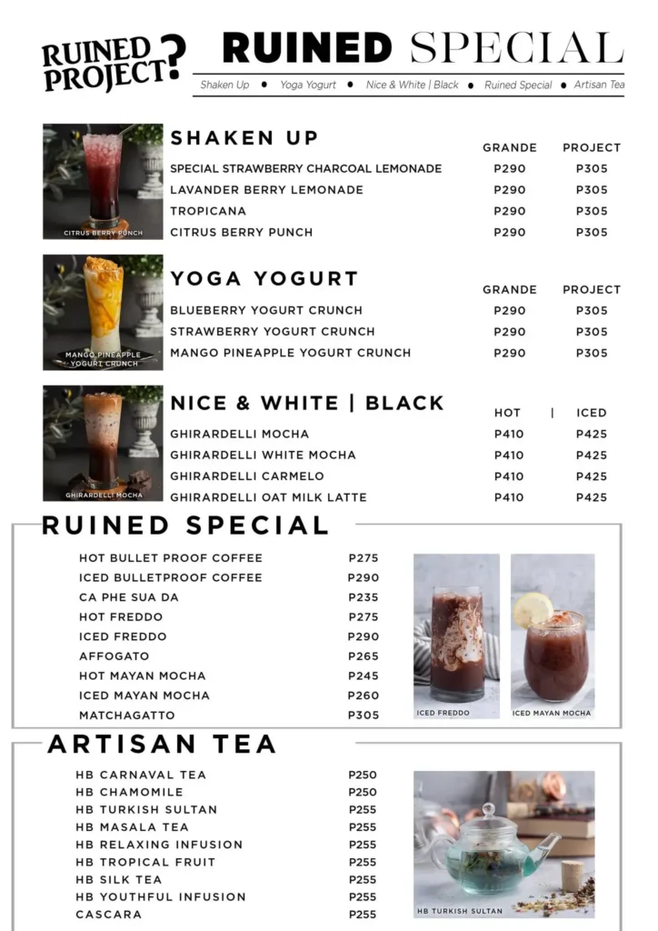 Special, Ruined special and Artisan Tea, a menu of Ruined Project Philippines resturant.