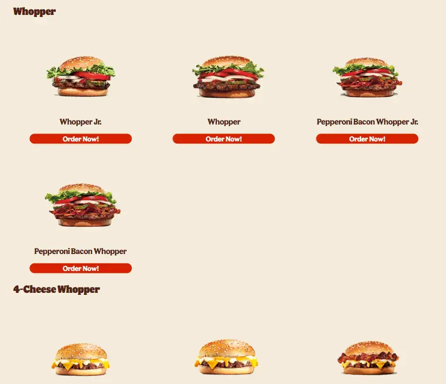 Burger King 4-Cheese Whopper Prices with Prices