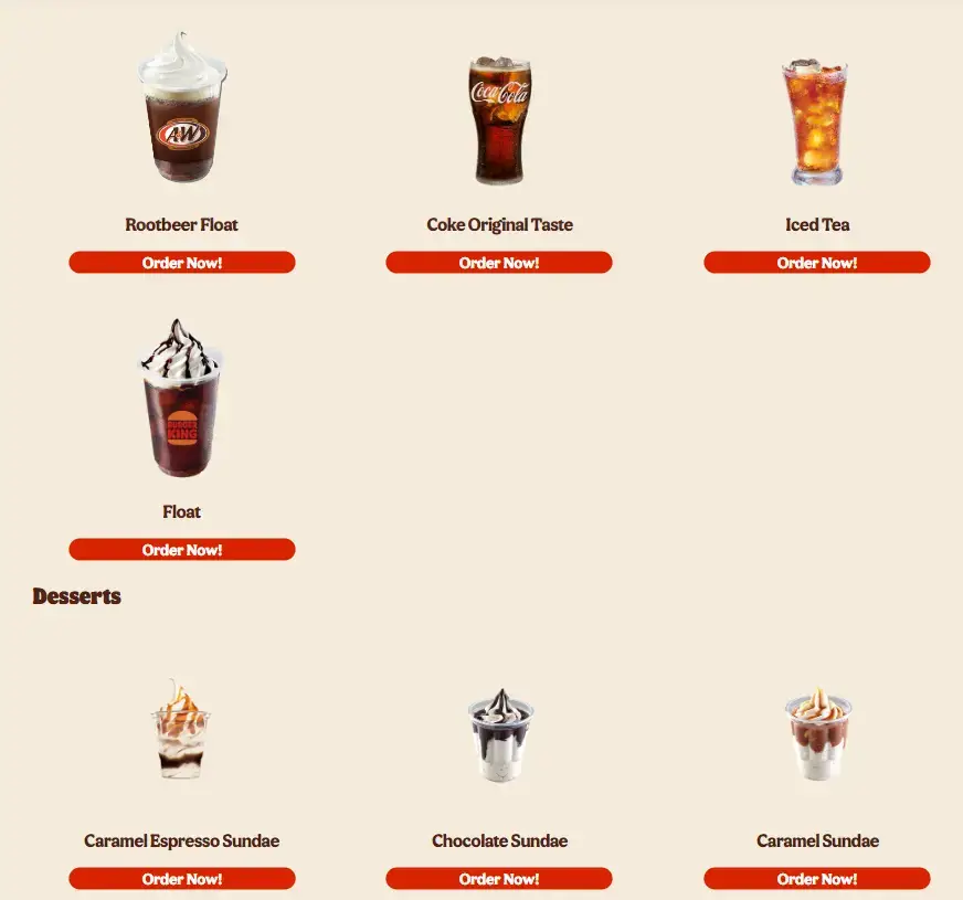 Burger King Beverages Menu with Prices