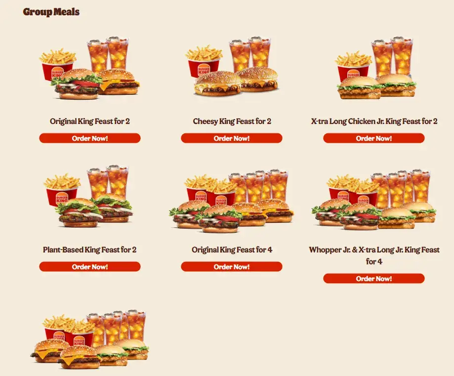 Burger King Group Meals Menu with Prices