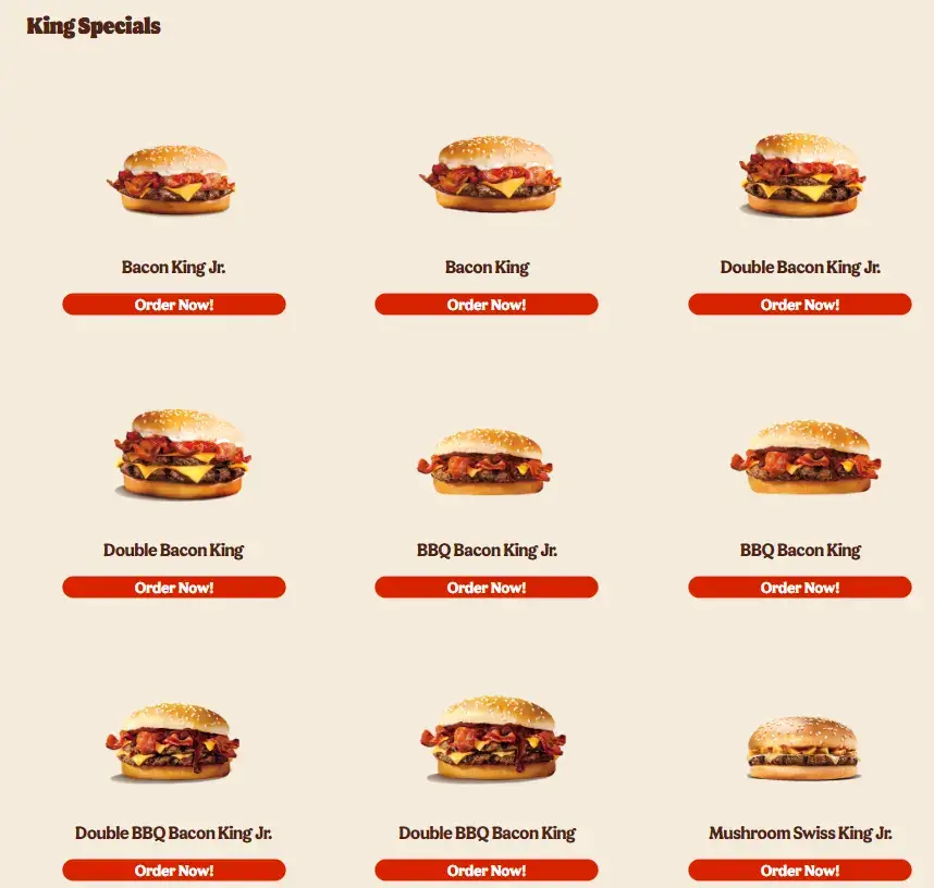 Burger King King Specials Menu with Prices