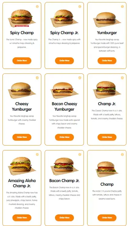 Burgers, a menu of Jollibee Philippines resturant.