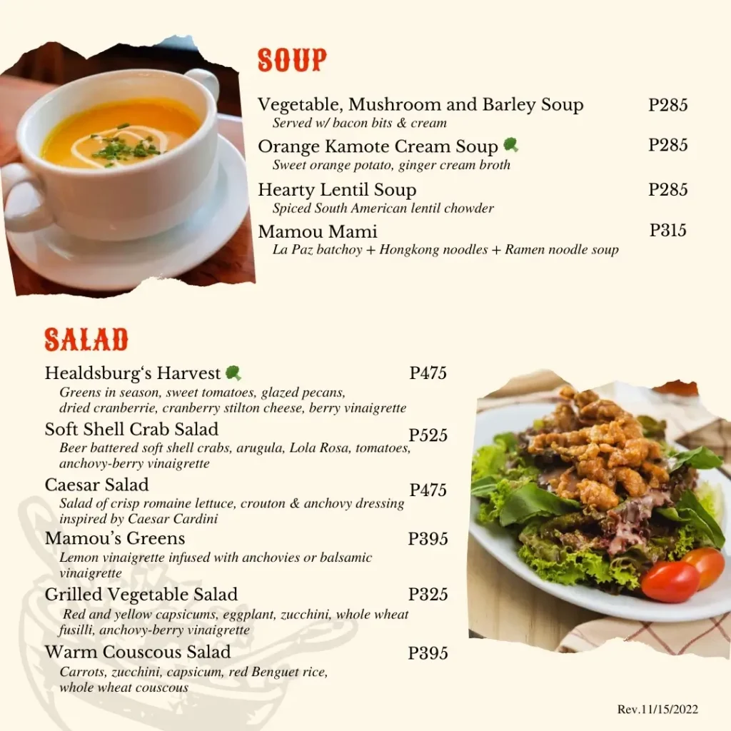 Mamou Soup and Salad Menu with Prices