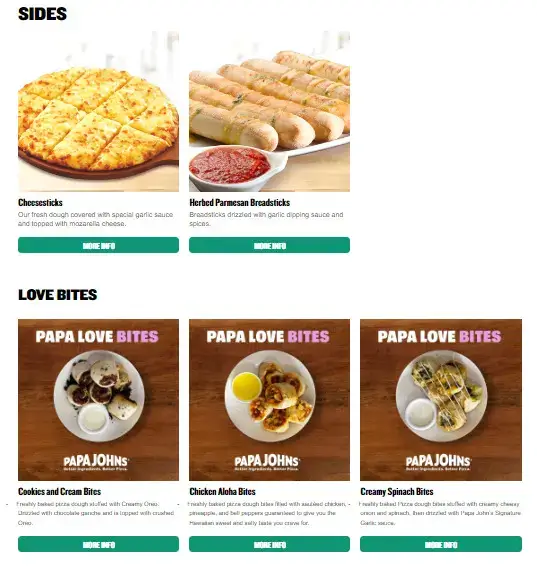 Papa Johns Sides Menu with Prices