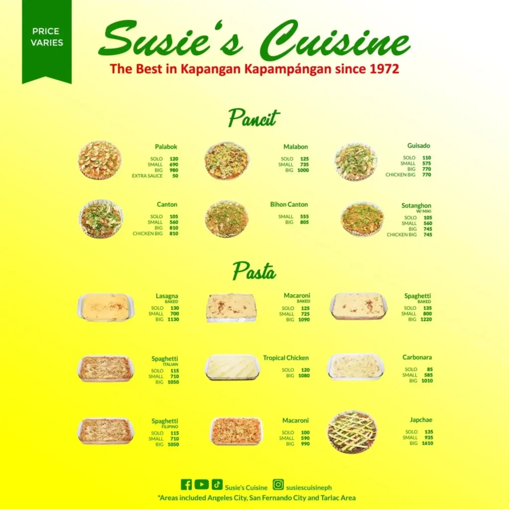 Susie’s Cuisine Pancit Menu with Prices