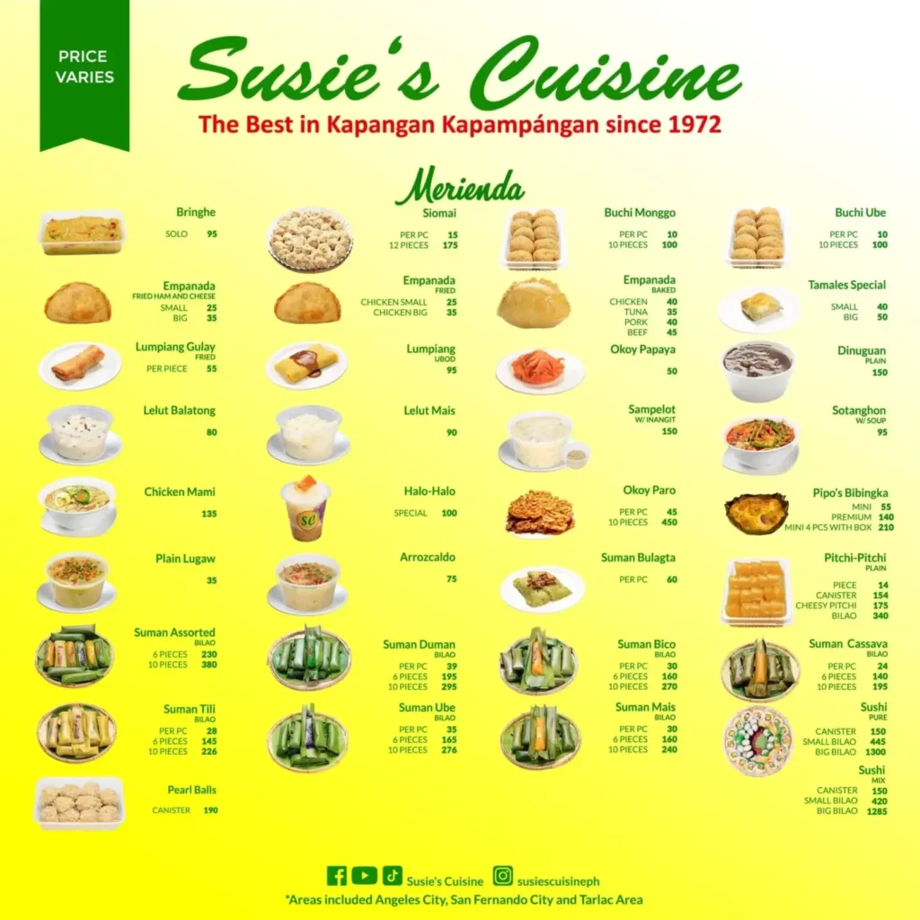 Susie’s Cuisine Pasta Menu with Prices