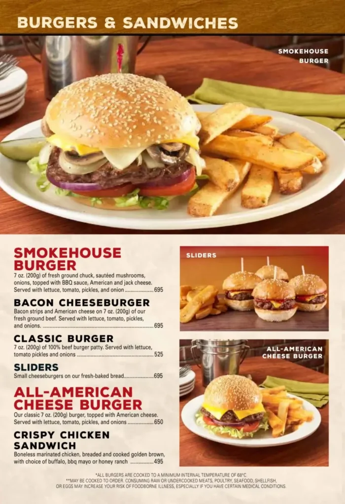 Texas Roadhouse Burgers and Sandwiches Menu with Prices