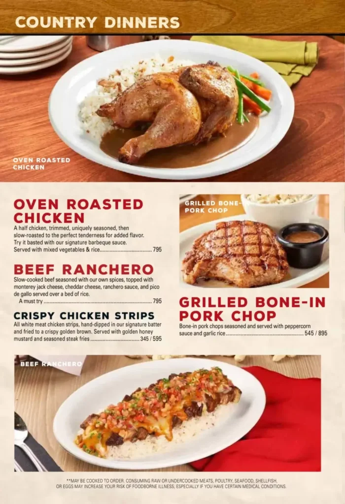 Texas Roadhouse Country Dinners Menu with Prices