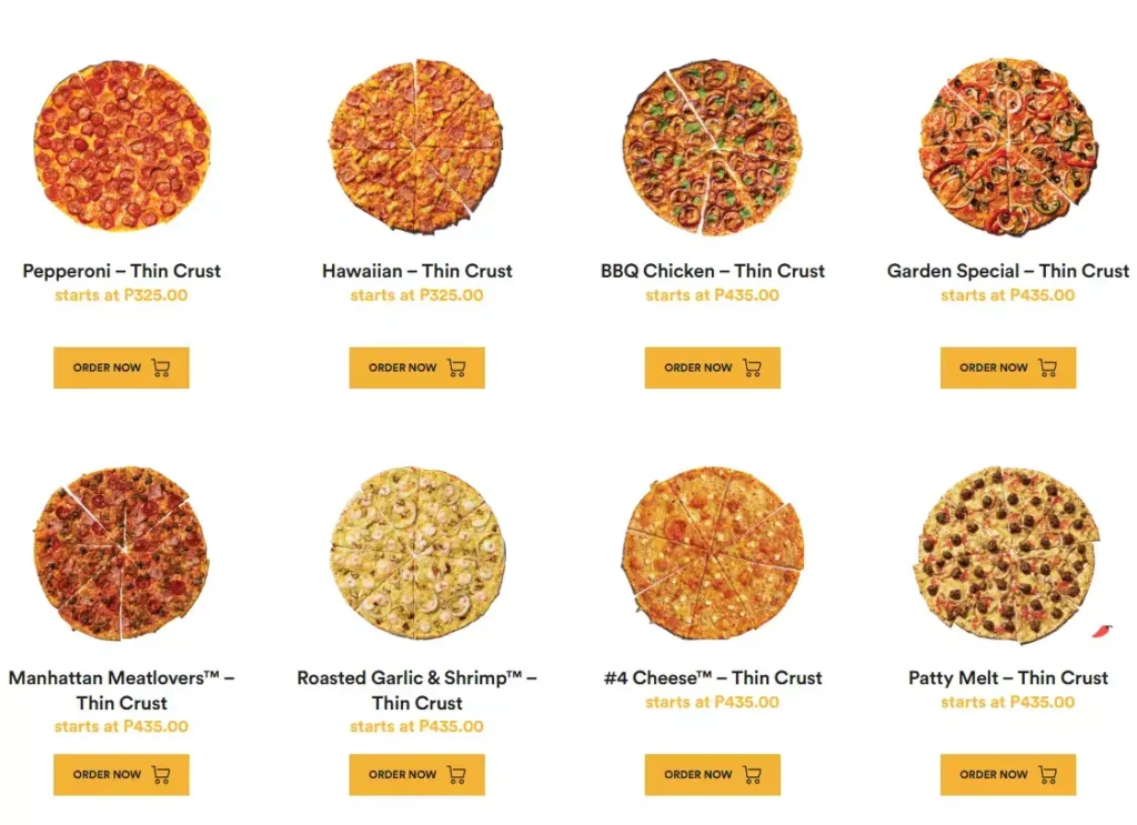 Yellow Cab Thin Crust Menu with Prices