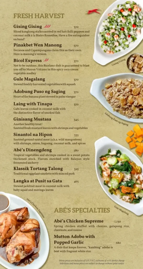 Abe Philippines fresh harvest Menu with Prices