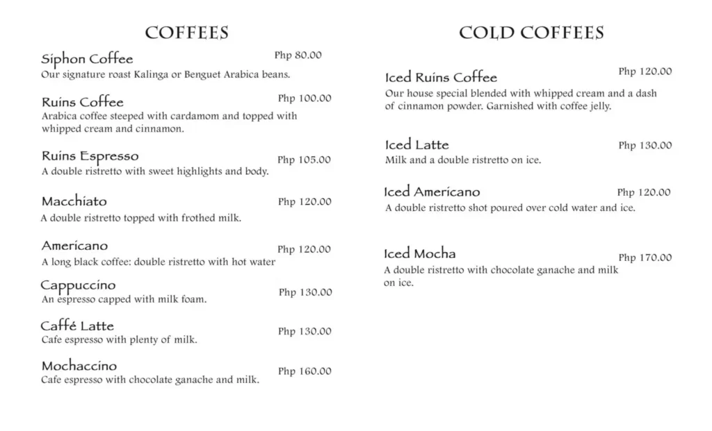 Cafe by the Ruins Cold Coffee Menu with Prices