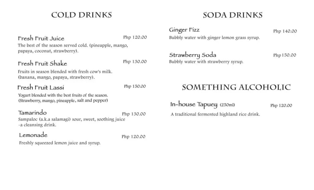 Cafe by the Ruins Cold Drinks Menu with Prices