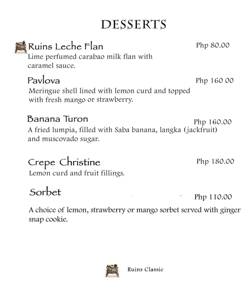 Cafe by the Ruins Desserts Menu with Prices