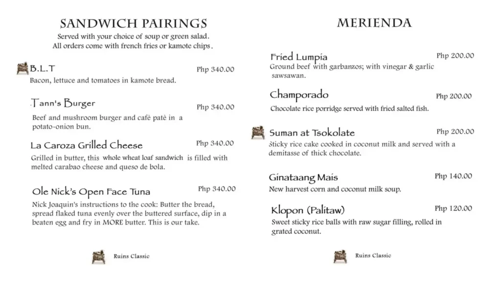 Cafe by the Ruins Sandwich Pairings Menu with Prices