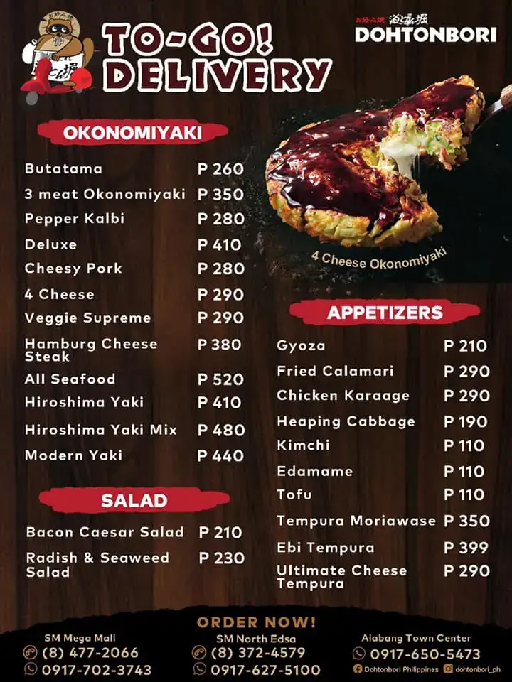 Dohtonbori Okonomiyaki Appetizer Menu with Prices