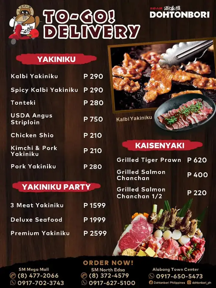 Dohtonbori Okonomiyaki Menuwith Prices