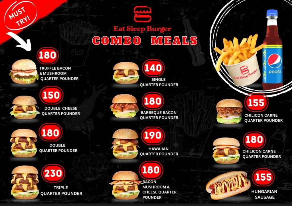 Eat Sleep Burger Combo Meals Menu with Prices