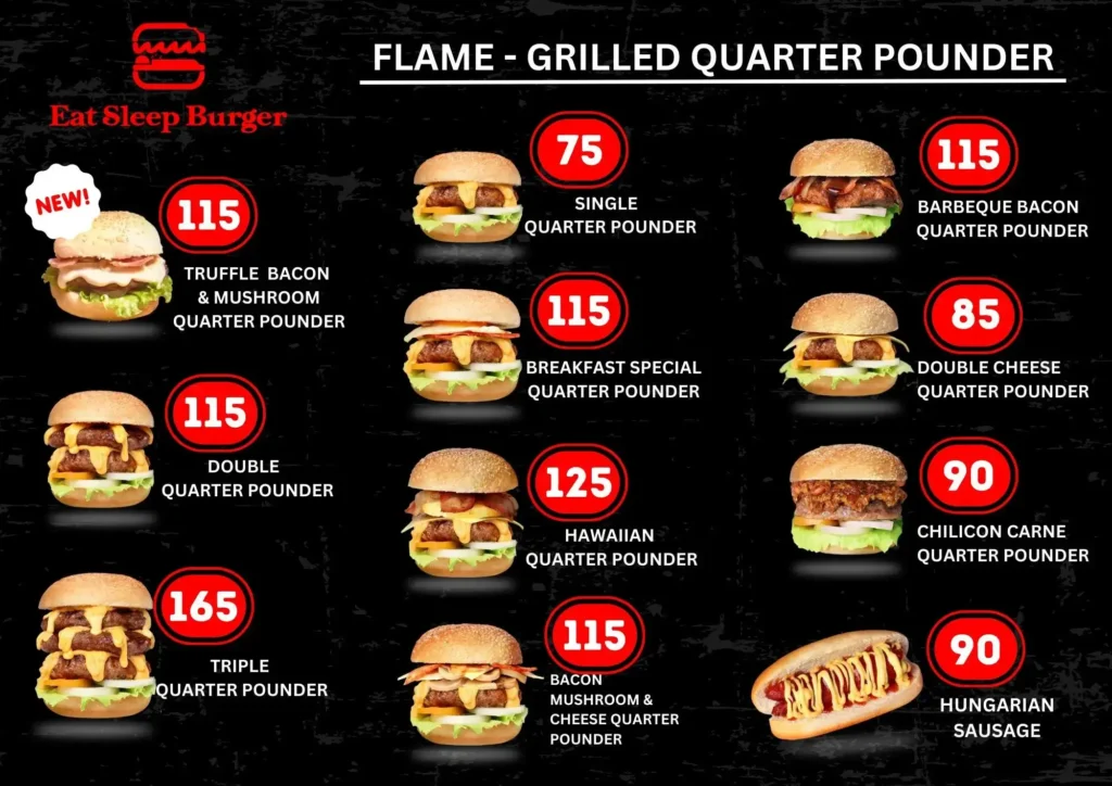 Eat Sleep Burger Flame grill Menu with Prices