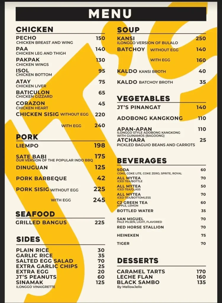 Jt’s Menu with Prices