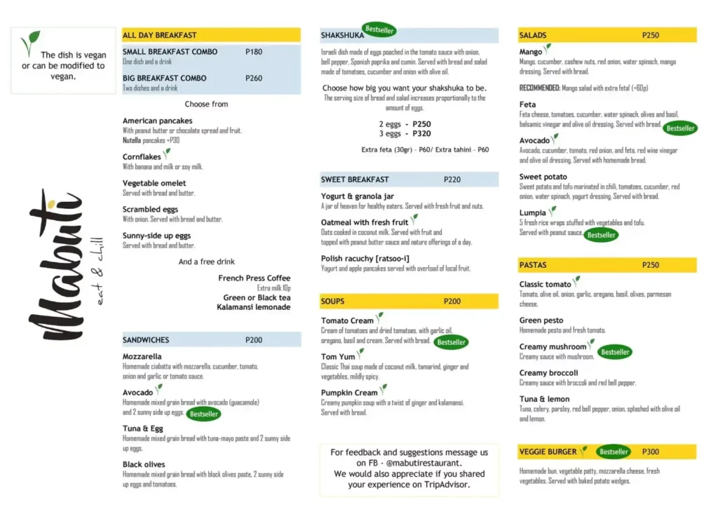 Mabuti All Day Breakfast Menu with Prices