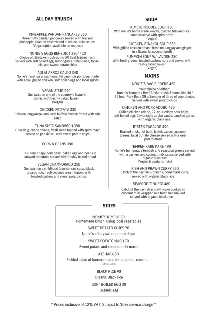 Nonie’s All Day Brunch Menu with Prices