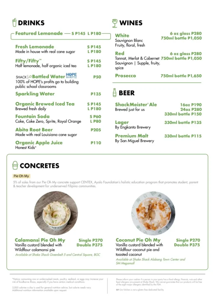 Shake Shack Drinks Menu with Prices