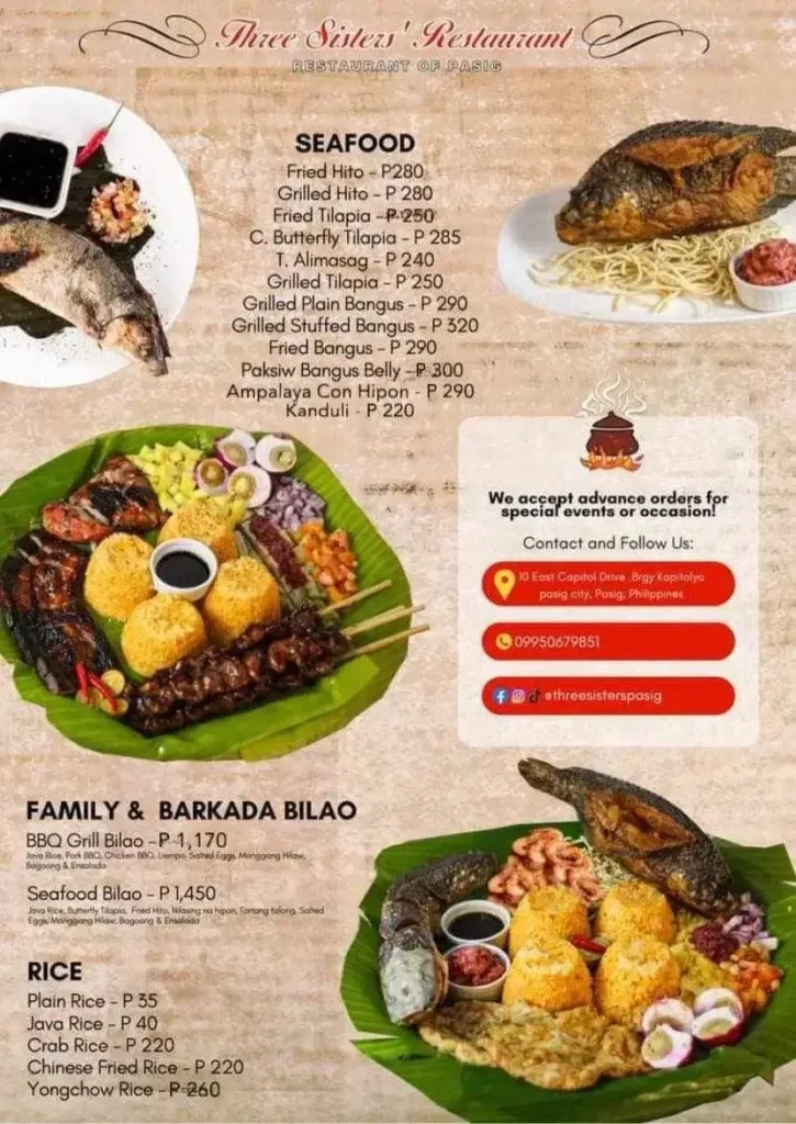 Three Sister’s Menu with Prices