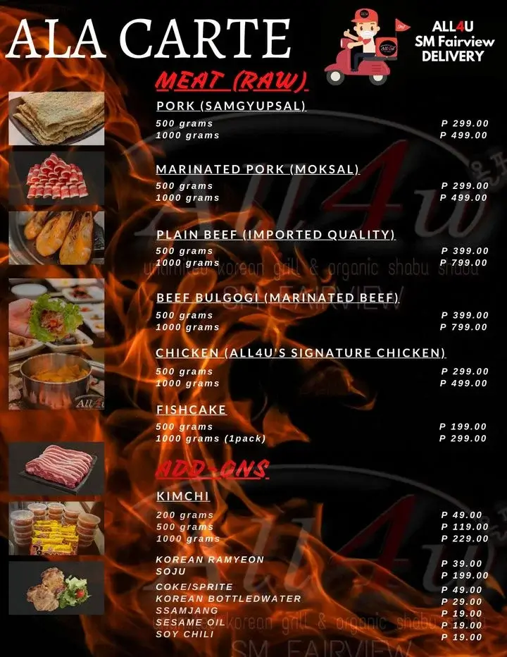 All4u Ala Carte Menu with Prices